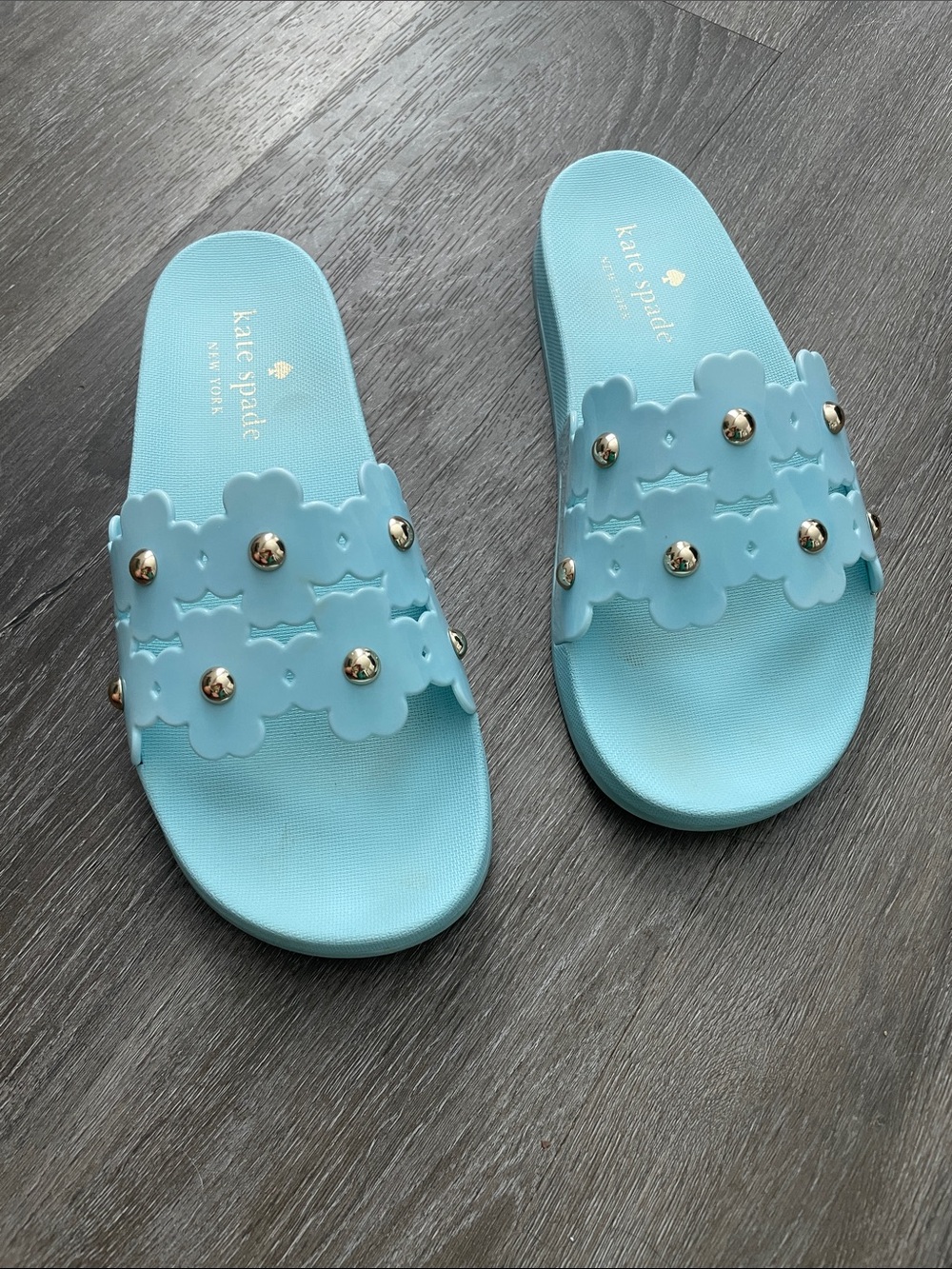 kate spade Light Blue Floral Stud Slide Sandals